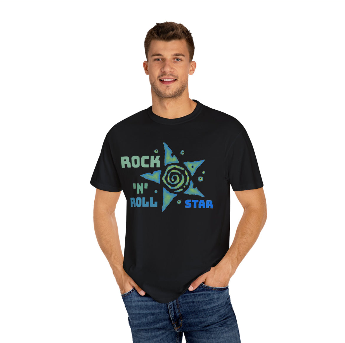 Rock n roll star in blur black shirt! 💙🎸